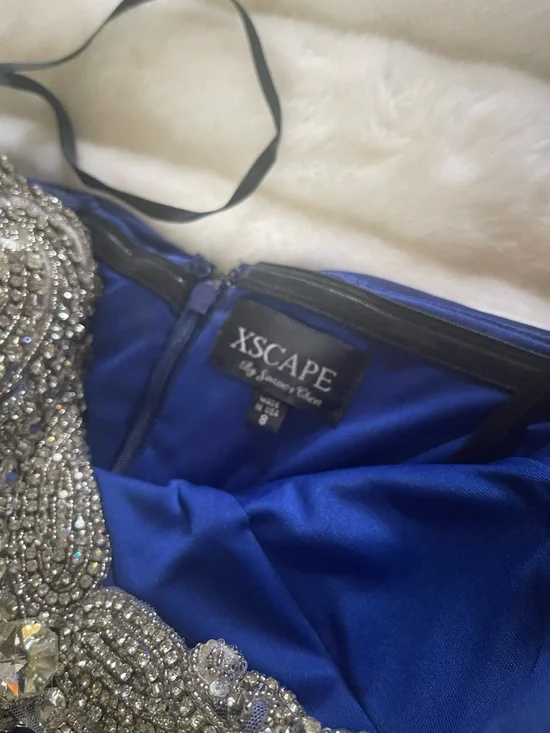 Xscape Royal Blue Beaded beaded neckline draped waist Maxi Gown SZ8 - Picture 5 of 10